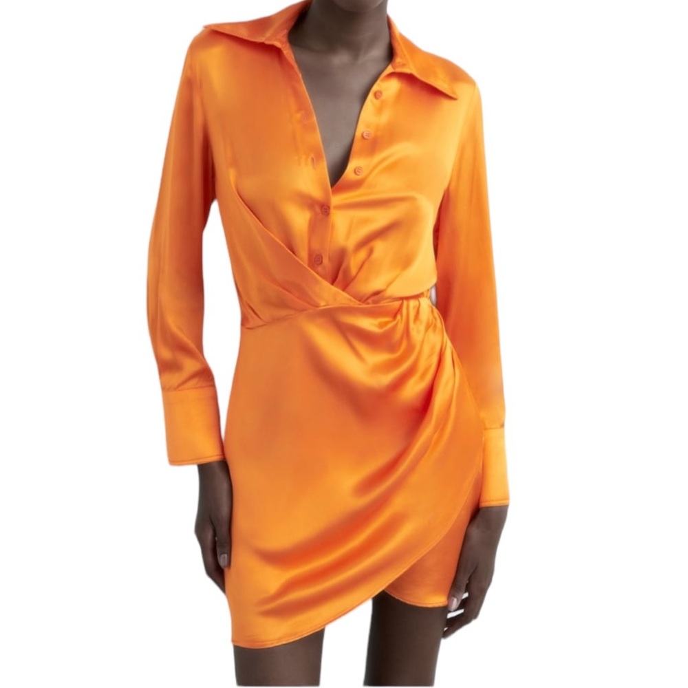 Zara Orange Satin Ruched Wrap Front Mini Dress Shirtdress - S